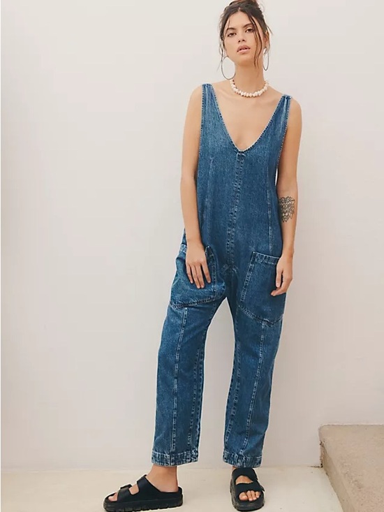 Free People Denim - Free People We The Free High Roller Oversized Denim Jumpsuit Medium Wash Small